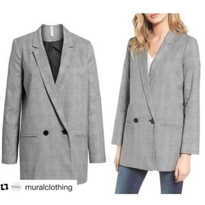 Retro Mural Black White Houndstooth Double Breasted Blazer Jacket M Long Line